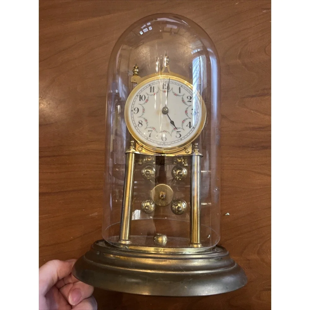 VTG Kieninger & Obershell Gold Torsion Clock w/Glass Dome & Key-Needs repair